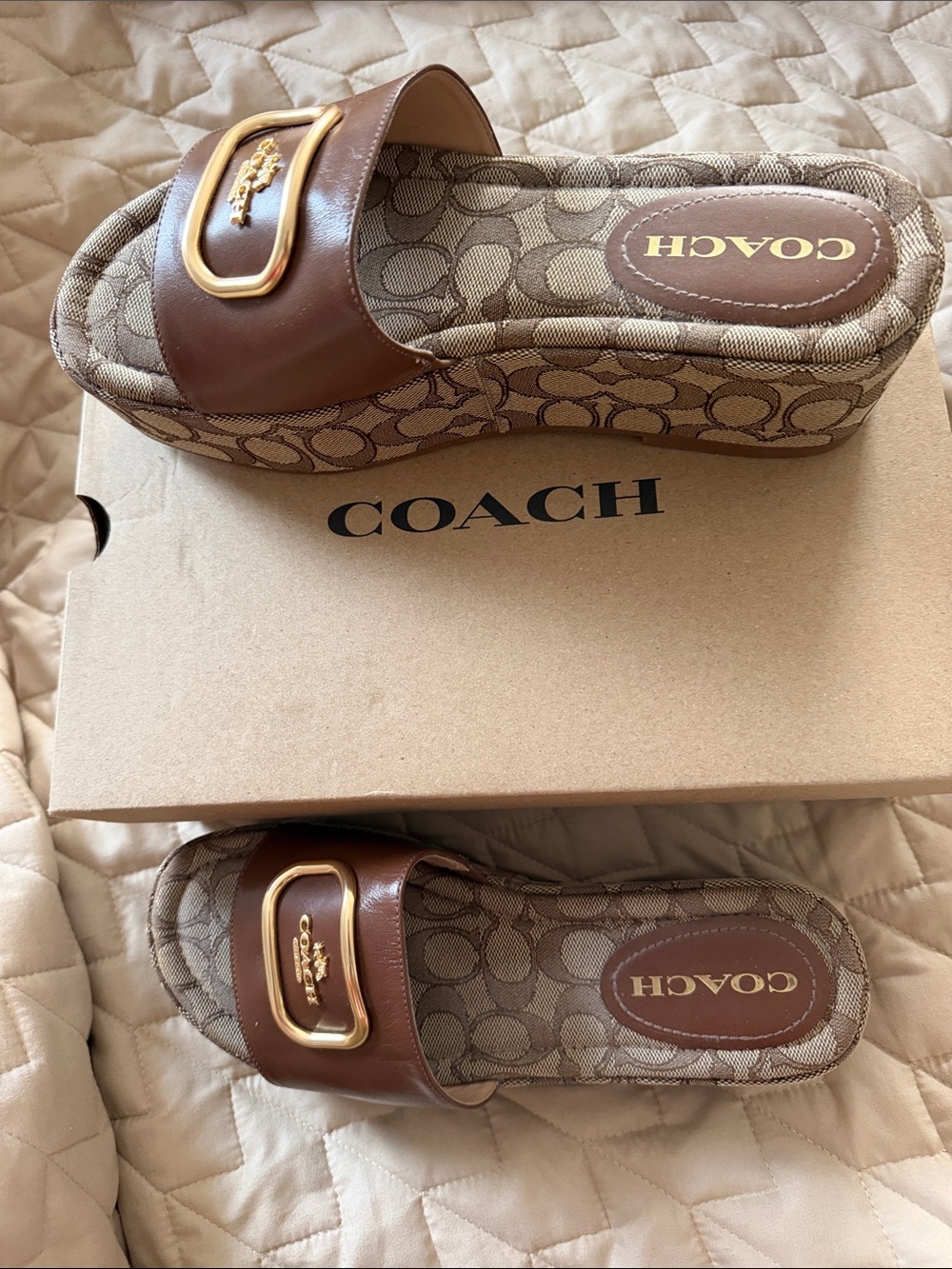 Coach Brown Logo Slide Mules with Tan Signature Print - Picture 2 of 2
